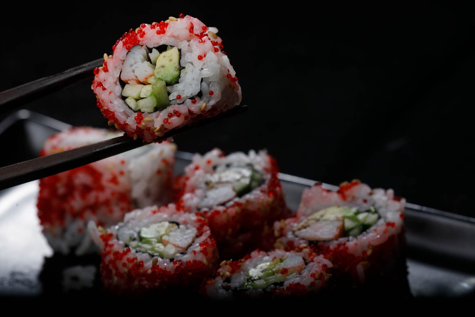 California roll with flying fish eggs